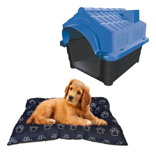 Casinha Plástica Desmontável N3 Azul + Cama Colchonete Pet