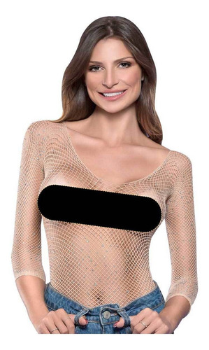 Cropped Sexy Arrastão Strass Manga Longa Blusinha Nude Claro