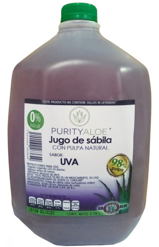 Purity Aloe Jugo De Sábila 98% Pulpa, Galón Con Sabor Uva