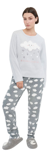 Pijama Mujer Polar Básico Gris Nubes Corona