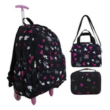 Mochila Feminina Escolar Rodinhas 2 Hates Lancheira E Estojo Cor Preto-rosa Desenho Do Tecido Boneca