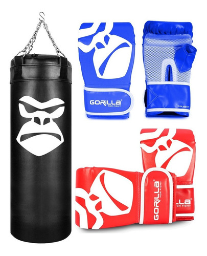 Kit Saco De Pancada Boxe + 2 Luvas Bate Saco Infantil Gorila Cor Azul/vermelho