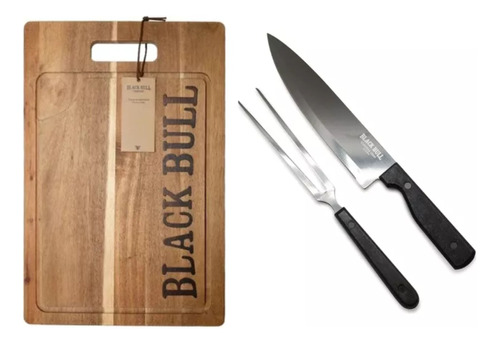 Tabla Para Picar + Cuchillo + Tenedor Black Bull Parrillero