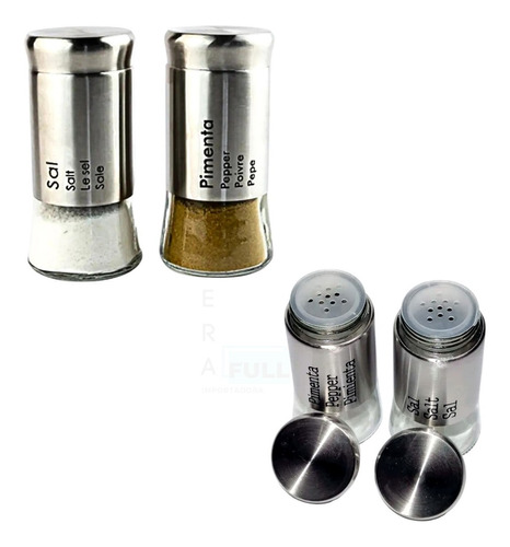 Kit Saleiro Pimenteiro 2 Pçs Aço Inox Vidro Tempero Pimenta