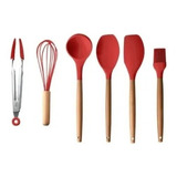 Kit Utensílios Cozinha Silicone Cabo Madeira Porta Talheres