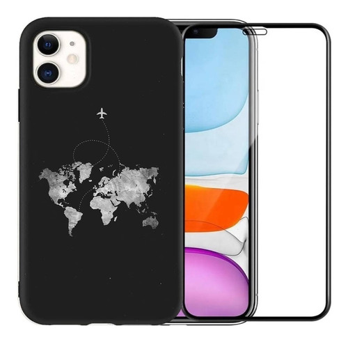 Carcas Funda Mapamundi + Lámina Vidrio Pantalla Para iPhone