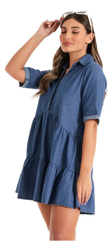 Vestido Mujer Jean Volados Campesina Manga Corta