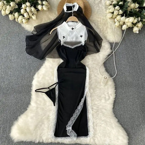 Disfraz De Monja Para Cosplay, Sexy, Exótico, Dividido, Regalo De Navidad, Encaje Vintage, Retazos, Vestidos De Verano Sin Mangas, Camisones, Pijama
