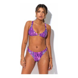 Bikini Reptil Violeta Con Triangulo Fijo Y Colaless