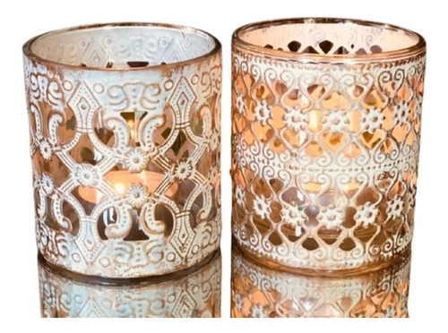 2 Porta Velas Fanales Vaso Vidrio Y Metal Blanco Dorado