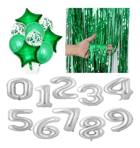 1 Buque 9 Balões + 2 Números 70cm + 1 Cortina 1x2m - Verde