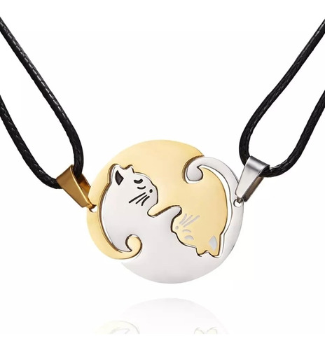 2 Collares Pareja Gato Yin Yang Acero Inoxidable Dorado