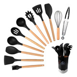 Kit C/12 Utensílios De Cozinha Silicone Cabo Madeira