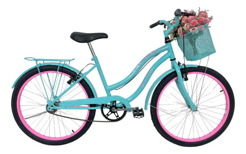 Bicicleta Infantil Aro 24 Mtb Cesta Feminina Azul / Rosa