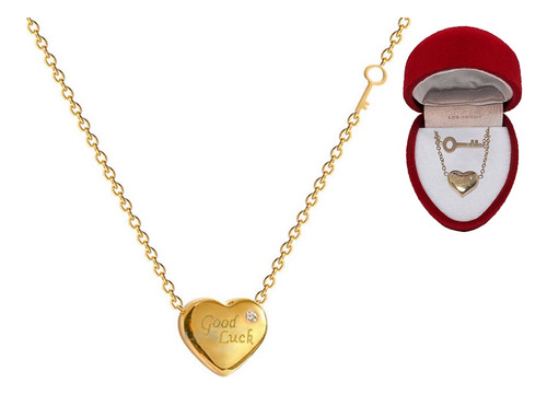 Collar Corazón Llave Good Luck Baño Oro 18k + Estuche Pana