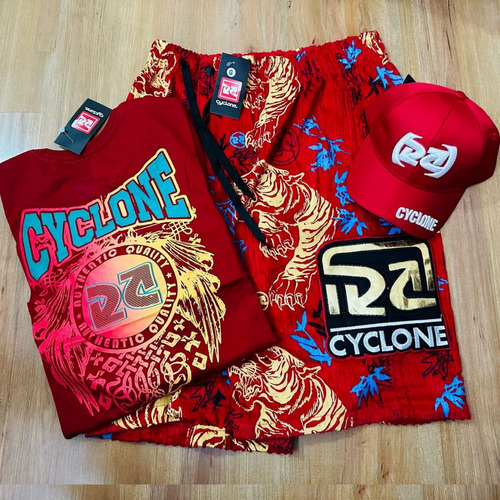 Kit Red Bermuda Cyclone Veludo + Camiseta Algodão E Boné