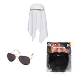 Combo Disfraz Arabe Jeque Turbante Lentes Barba Kit 