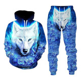 Conjunto Sudadera Capucha Hombre Estampado Lobo 3d Casual