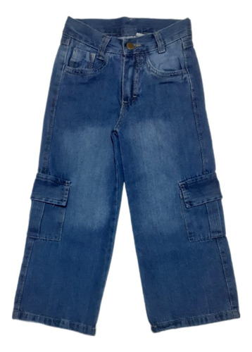 Pantalón Jean Wide Leg Cargo Rígido Nena Infantil Juvenil