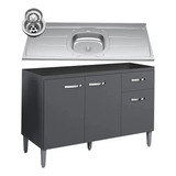 Balcão Gabinete Com Pia Inox 120cm 3 Portas 1gaveta Gabriela Cor Cinza-escuro