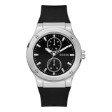 Reloj Guess Para Hombre Casual Men Caballero Correa Negro Bisel Plateado Fondo Negro