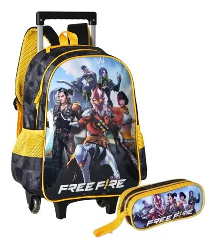 Kit Mochila Escolar C/capuz Rodinhas Estojo Duplo Free Fire