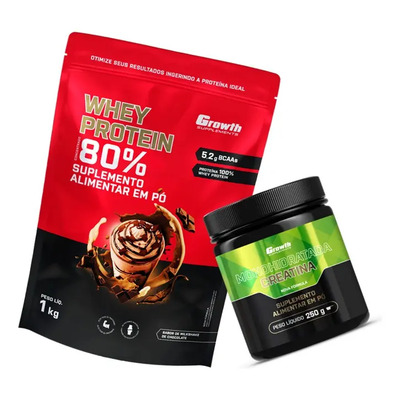 Kit Growth: Whey Protein Milkshake Chocolate 1kg + Creatina Monohidratada 250g Sem Sabor | Frete grátis
