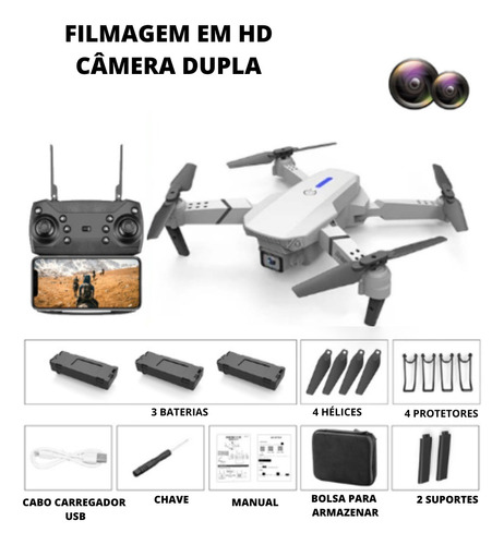 Drone Drone E 88 Zangão Mini Drone Plegable E88 4k 4k Prateado 2.4ghz 3 Baterias