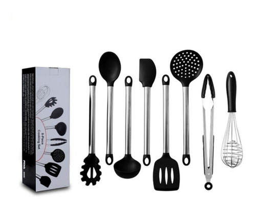 Set Utensilios De Cocina X8u Mango Acero Inox Punta Silicona