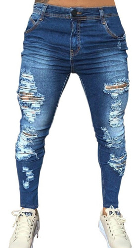 Calça Jeans Super Skinny Lycra Destroyed Rasgada Masculina