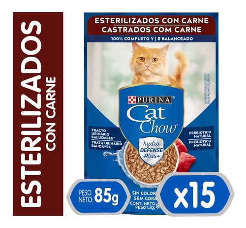 15x Alimento Gato Cat Chow Adultos Esterilizados Carne 85gr