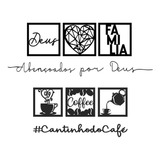 Kit 3 Quadros Abençoados Por Deus + Kit Cantinho Do Café Mdf Cor Preto Cor Da Armação Preto