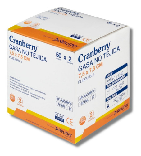 Gasa No Tejida Estéril 7,5x7,5cm Cranberry 50 Sobres X 2 Un.