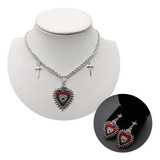 Set Collar Y Aretes Diseño Corazón Mexicano Amuleto Con Ojo