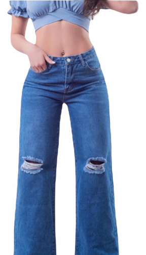 Jeans Mujer Wide Leg, Destroyed, Calce Levanta Cola