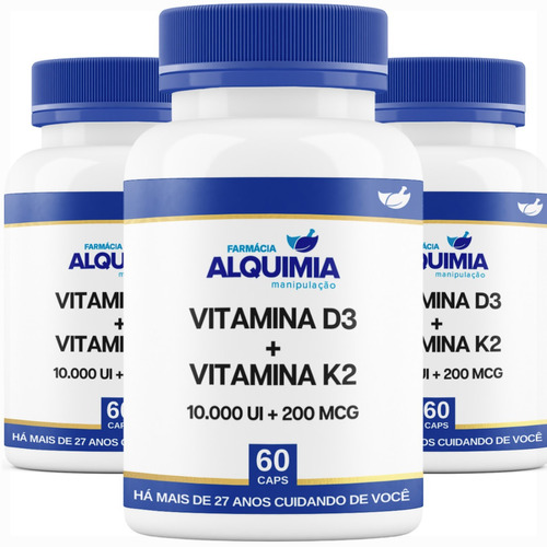 Vitamina D3 10.000 Ui + K2mk7 200 Mcg 60 Cáps - 3 Frascos