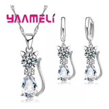 Set Cadena, Dije Y Aretes Gatitos Baño De Plata 925 Zirconia