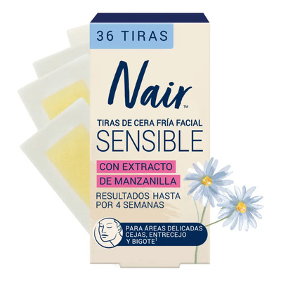 Nair Tiras de Cera Fría Facial Sensible 36 piezas con Extracto de Manzanilla Piel Suave y Tersa hasta por 4 Semanas | MercadoLibre