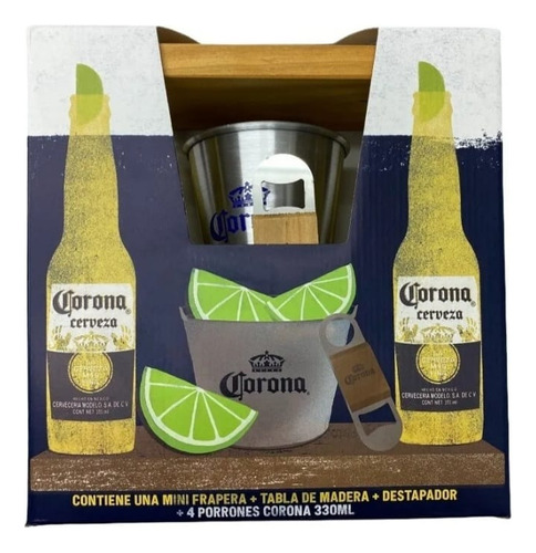 Caja Mini Frapera + Destapador + Tabla + 4 Cervezas Corona