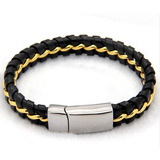 Brazalete Cuero Acero Corp Tejido Negro Dorado