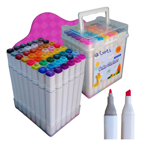 Kit Canetinhas Coloridas Maleta 48 Cores Brush Pen Dupla