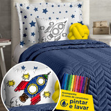 Kit Cobre Leito Solteiro Kids Colors Foguete Almofada Azul