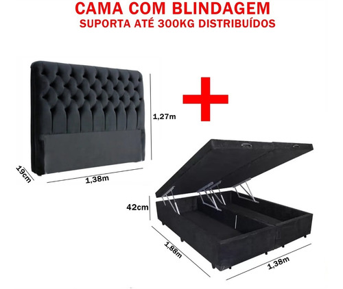 Cama Box Baú Casal Bipartida Com Blindagem + Cabeceira Casal