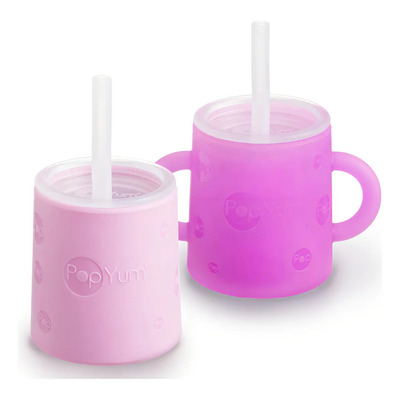 PopYum Set 2 Vasos Entrenadores PSC333 Rosa y Morado Liso Silicón Suave Sin Bpa Tapa Y Popote | Meses sin interés
