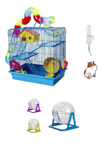 Gaiola Hamster 3 Andares Tubo Luxo Azul + Globo + Bebedouro