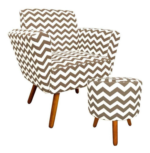 Poltrona Decorativa Dora Com Puff Estampado Zig Zag Bege D81