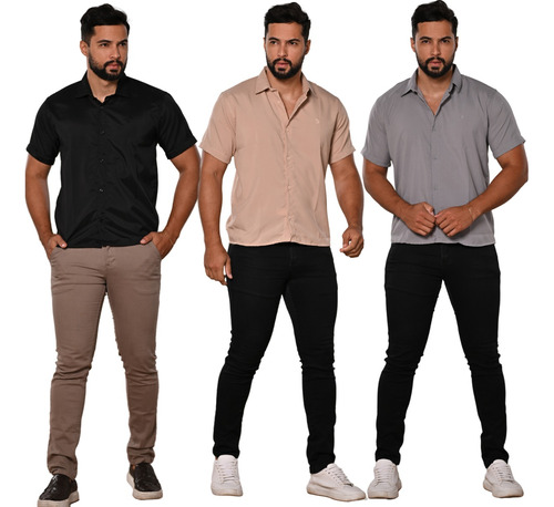 Kit 3 Camisas Social Masculino Manga Curta Slim Fit Moderno