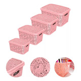 Kit Com 4 Caixas Para Organizar Renda Floral Com Tampa Rosa