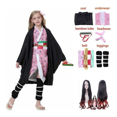 Kimetsu No Yaiba De Niño Cosplay Nezuko Kimono Traje+peluca