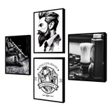 Kit Barbearia 4 Quadros Decorativos Escritorio Sala Homens